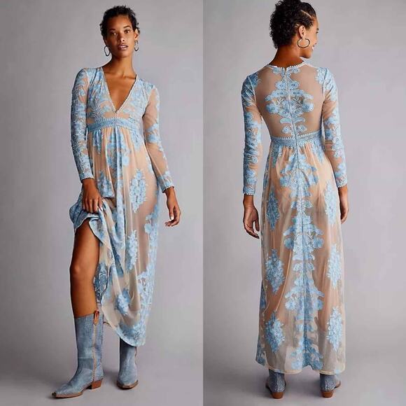 For Love And Lemons Sheer Blue and Tan Maxi Dress - Picture 1 of 13